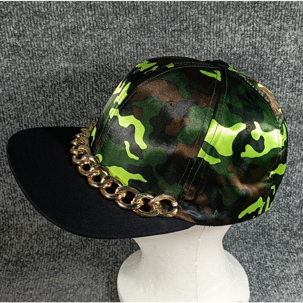 Camo Satin Snapback Cap Green Satin Streetwear Gold Chain Hat